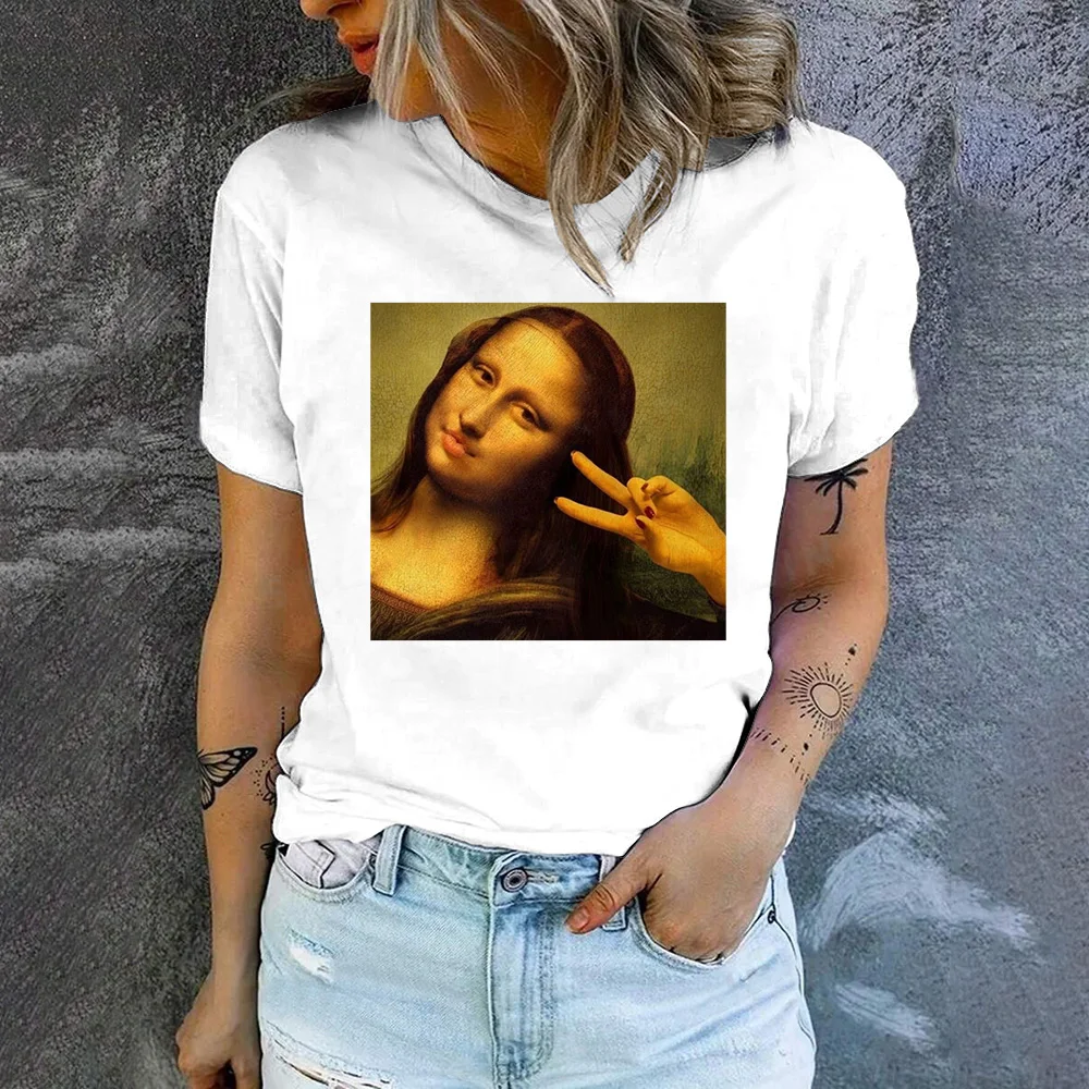 2024 Women's Fashion Leisure T-Shirt Funny Mona Lisa Humor Pattern Printing T-Shirt Summer Short Sleeved Oversized T-Shirt