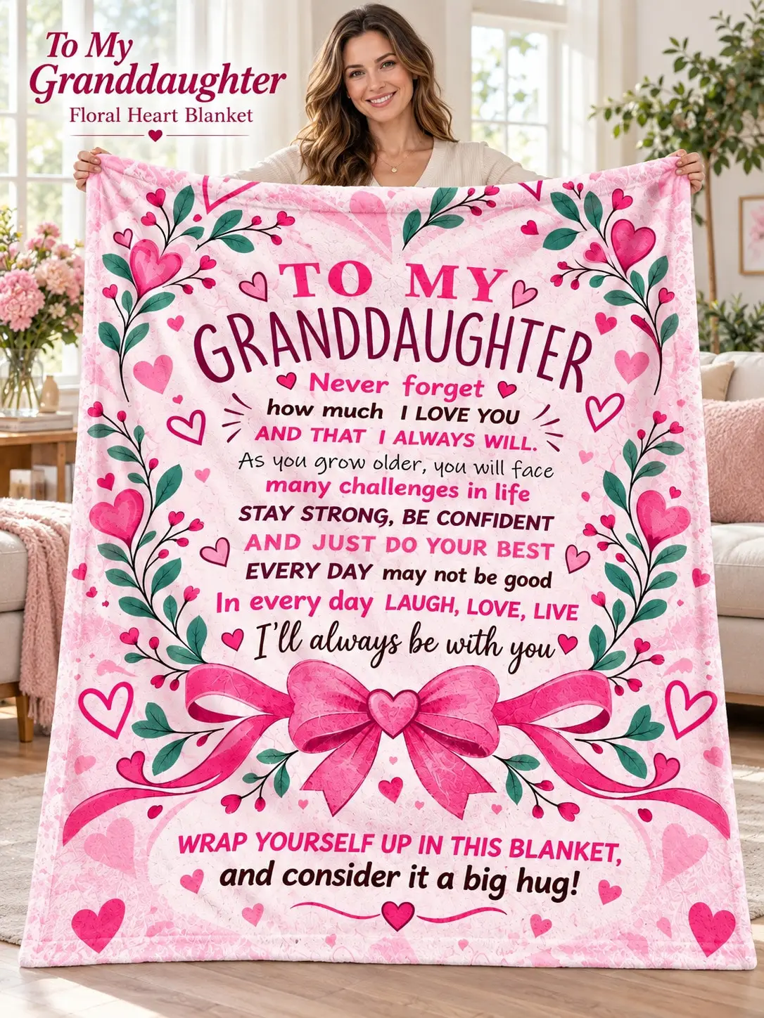 Granddaughter Flannel Blankets & Throws Floral Heart Ribbon Encouragement Message Gift From Grandma for Birthday Christmas Anniversary Thanksgiving Couch Bed Bedroom Living Room Travel Nap Office Dorm Camping Holiday Keepsake Family Present