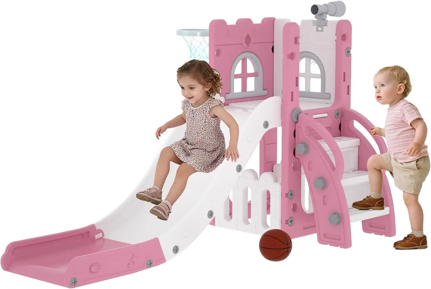 

6-in-1 Indoor Outdoor Playset with Slide, Basketball Hoop, Telescope & Storage - Non-Slip Steps