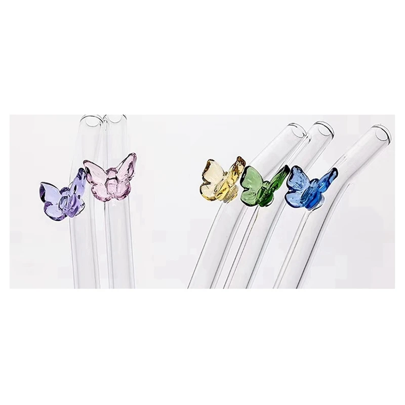 5 Pcs Reusable Glass Straws,Colorful Butterfly On Clear Straws With Design Shatter Resistant Bent Drinking Straws