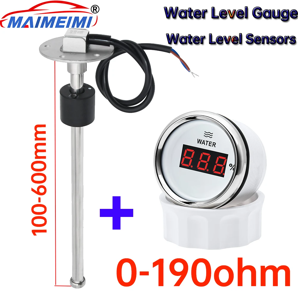 

52mm Water Level Meter Tank Indicator Red backlight Digital pointer Car Water Level Gauge 0~190ohm with 100mm-600mm Sensors