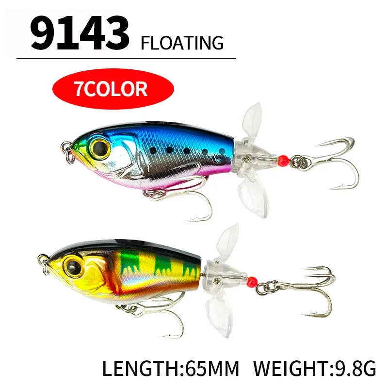 3pcs Topwater Whopper Plopper Set 65mm 9.8g Crankbaits with Rotating Double Propeller Surface Pencil Crank  Hard Bait 9143