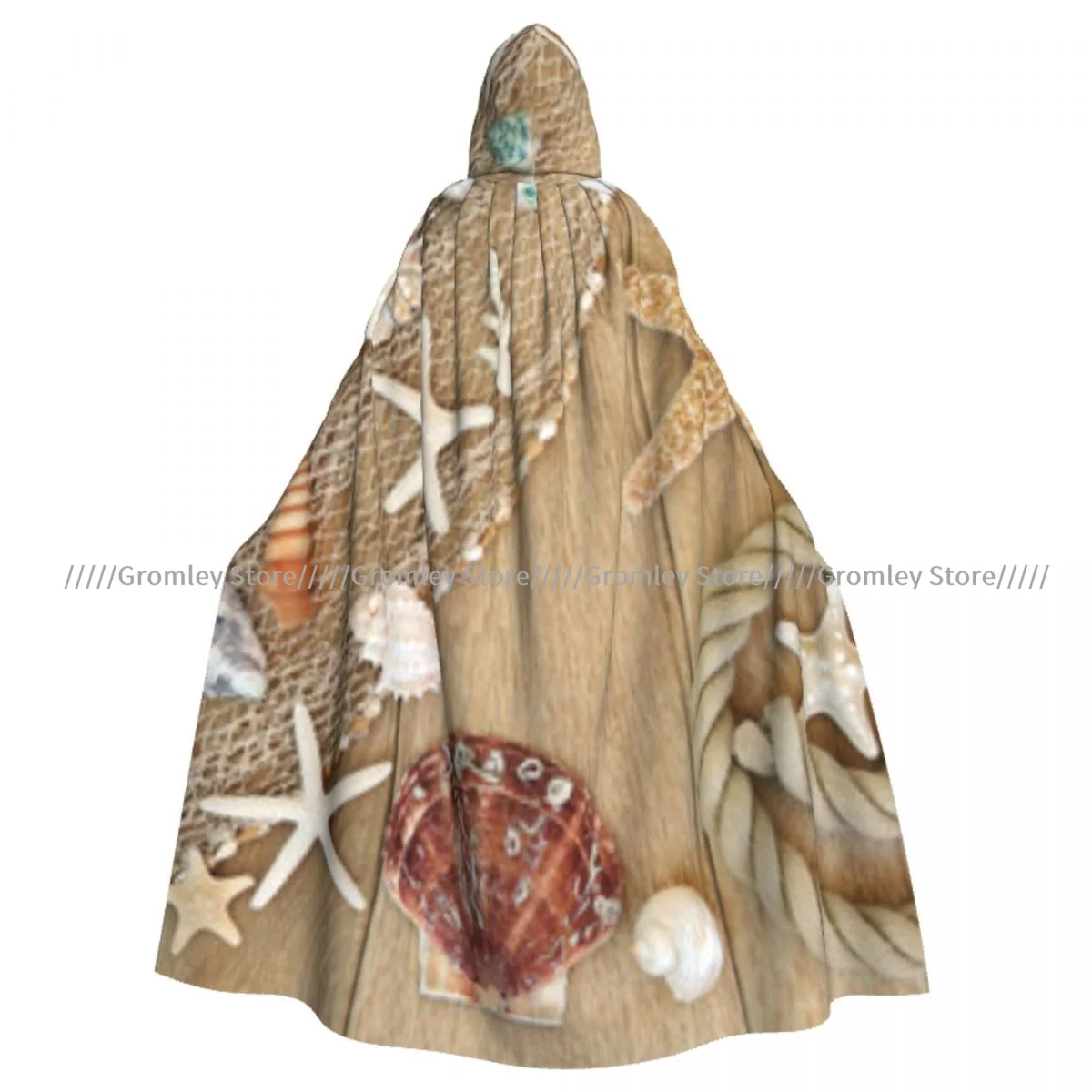 Sea Shell Fishing Net And Rope On Old Oak Wood Witch Cloak Hooded Cosplay Costume Halloween Adult Long Party Cape