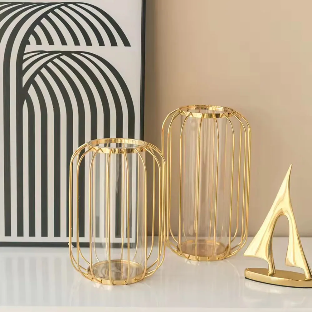 Nordic Styles Hydroponic Flower Vase Geometric Line Frame Iron Art Vase Glass Test Tube Metal Holder Home Decoration Craft Gift