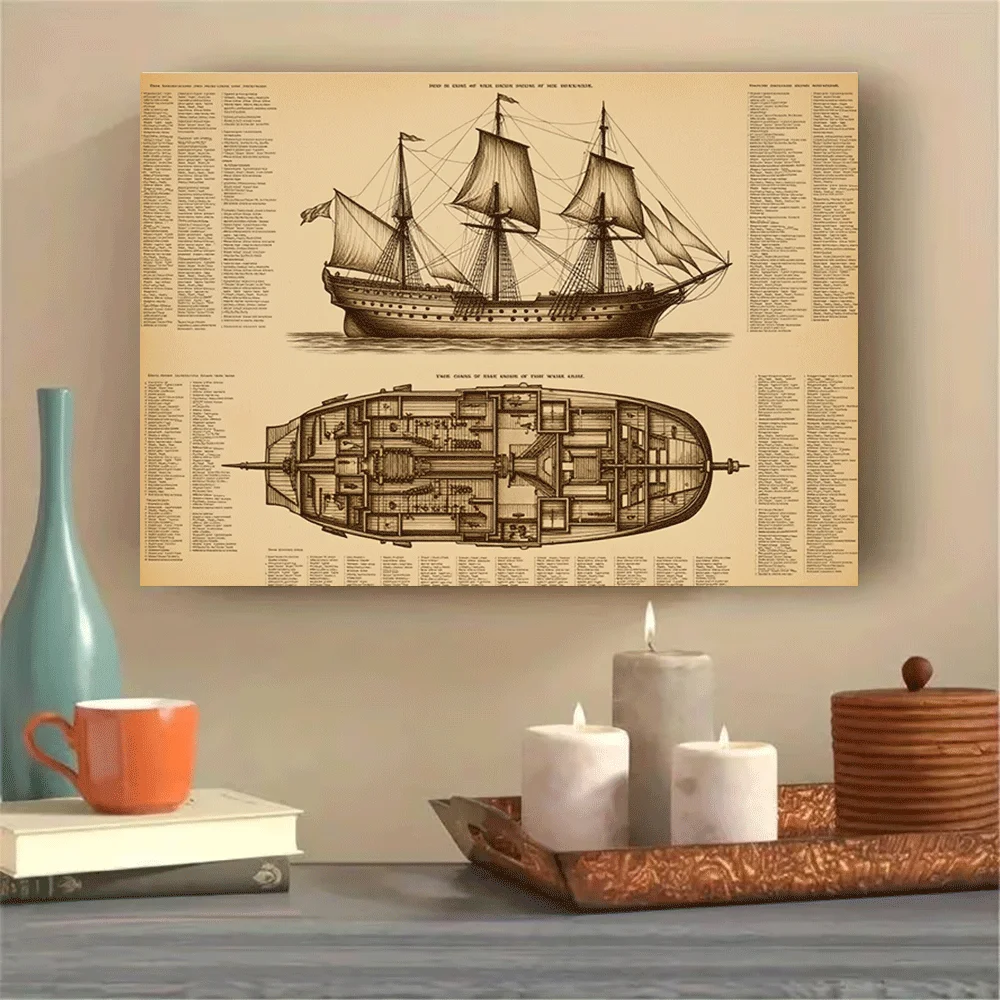 1PC-Unframed Canvas poster wall decoration  Historic Sail Ship Blueprint Nautical Art Print Vintage Naval Vessel Diagram