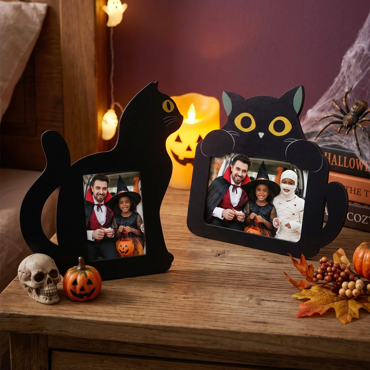 1PC, Halloween Decor, Black Cat Alien Wooden Picture Frame, Entirely Black Cat Standing Photo Display Stand