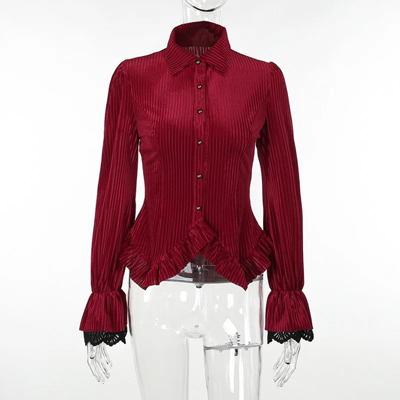 Yangelo Red Velvet Fabric Shirt Fairy Grunge Gothic Stripes Lapels Long Sleeve Shirt Punk Harajuku Lace Shirt