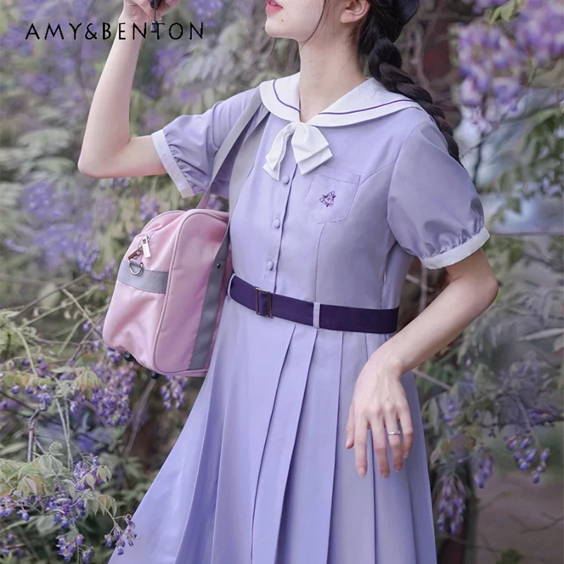 

Japanese Original Jk Uniform Sailor Collar Summer Short Sleeve Pocket Bow Belt Cute Waist Slim Fashionable Versatile Dress Girls