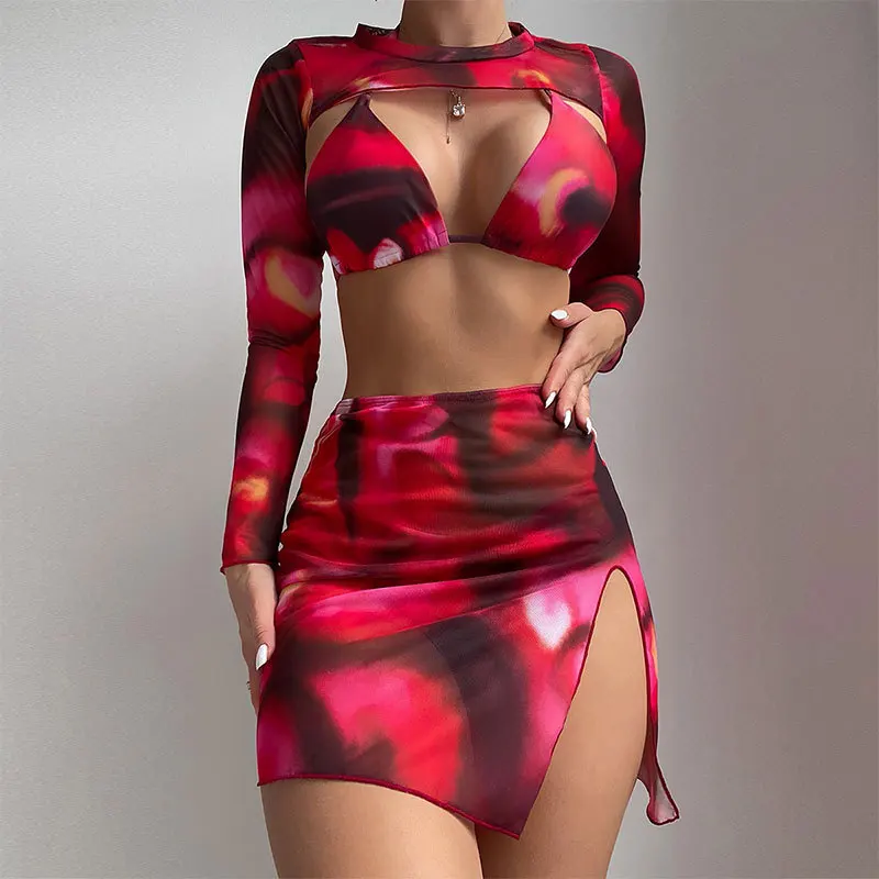 

2026 Women's 4 Piece High Waist Bikini Set Tie-Dye Long Cover Up Dress Beach Swimsuit Summer Long Sleeve Crop Top Skirts Suit