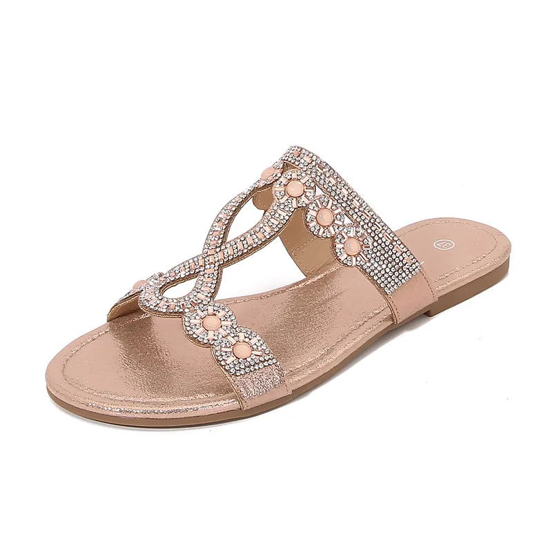 Summer Bohemian Rhinestone Sandals for Women Flat Slippers Woman Peep Toe Light Comfort Slip on Beach Shoes Flip Flops