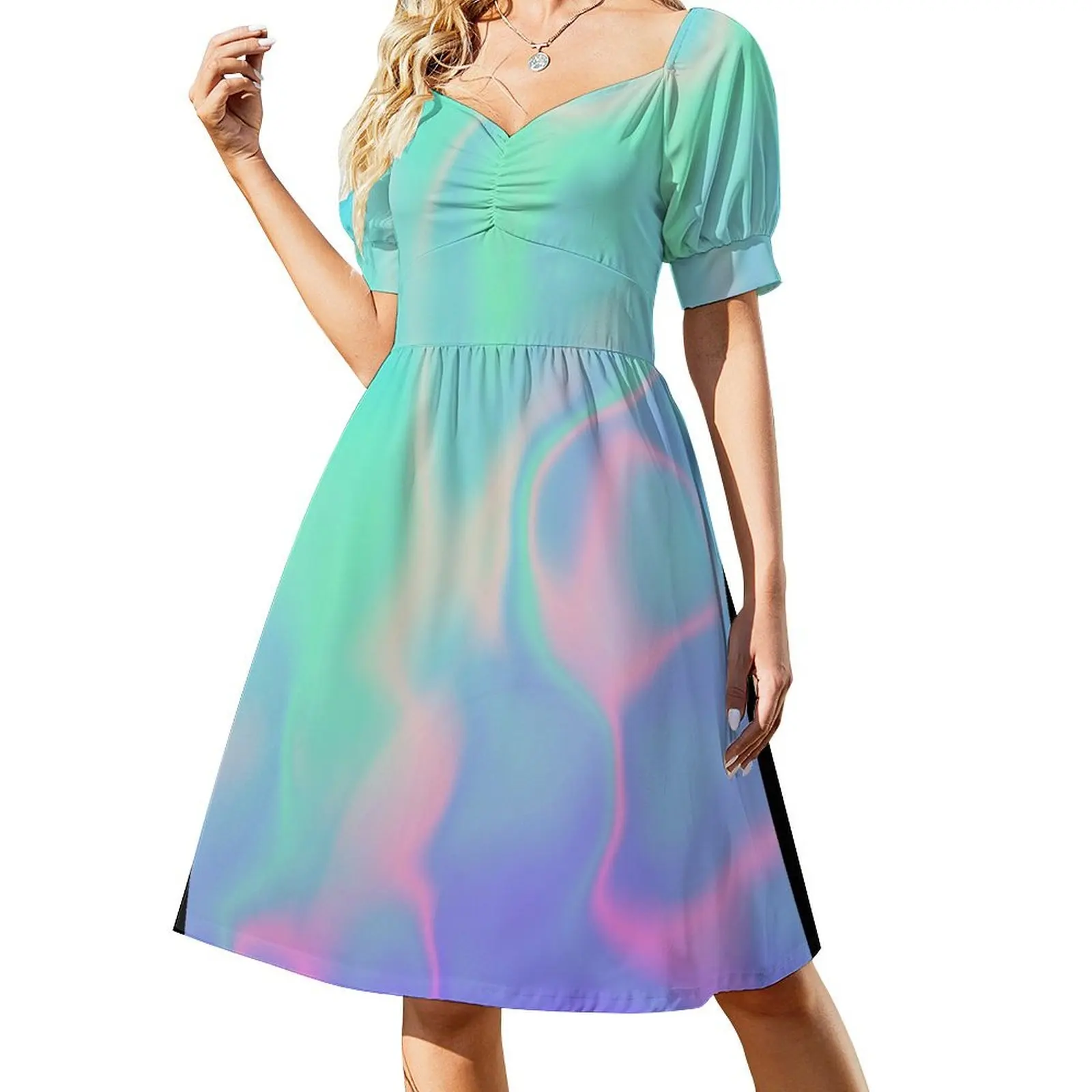 

Rainbow Sea Holographic Iridescence Short-Sleeved Dress summer dress womens 2025 women dress