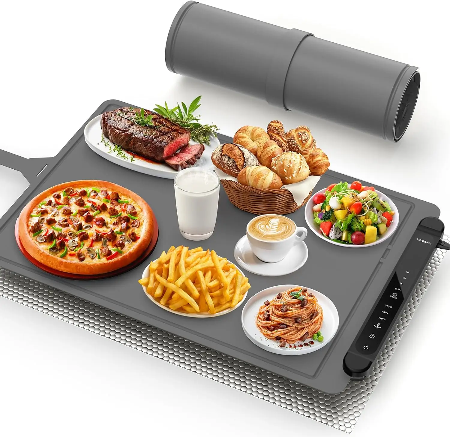 

Food Warming Mat Electric Tray: Adjustable Silicone Heating Pad with 3 Temperature Settings 4 Timer Function Portable Roll Up