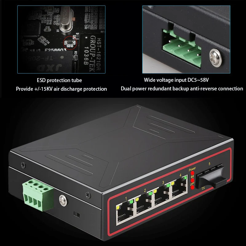 RJ45 Hub Fiber port DIN Rail Type industrial Network switch 10/100Mbps 1F4T-Port fast Ethernet switch Internet Splitter box