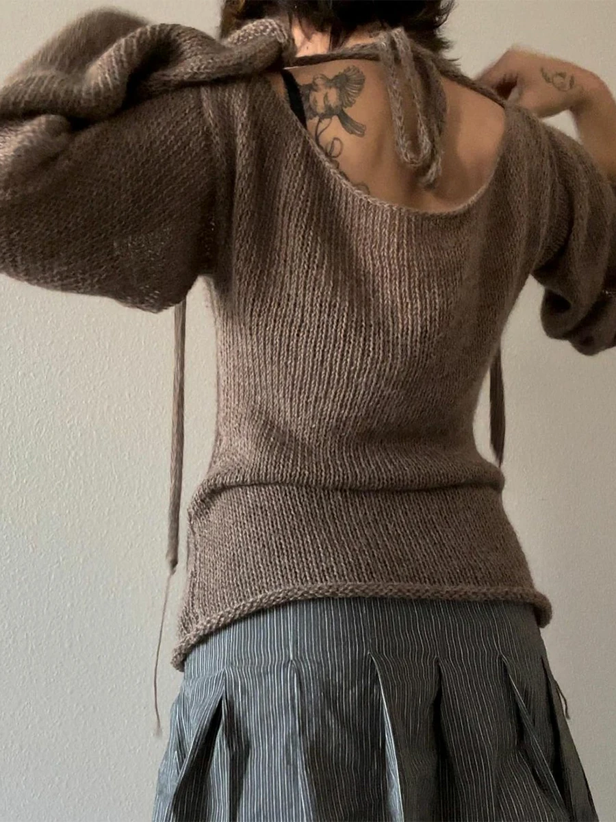 

Fashion Women's T-shirt Tie Back Sweaters Long Sleeve Boat Neck Solid Color Knit Pullover Casual Tops Streetwear Y2k Summer Cami