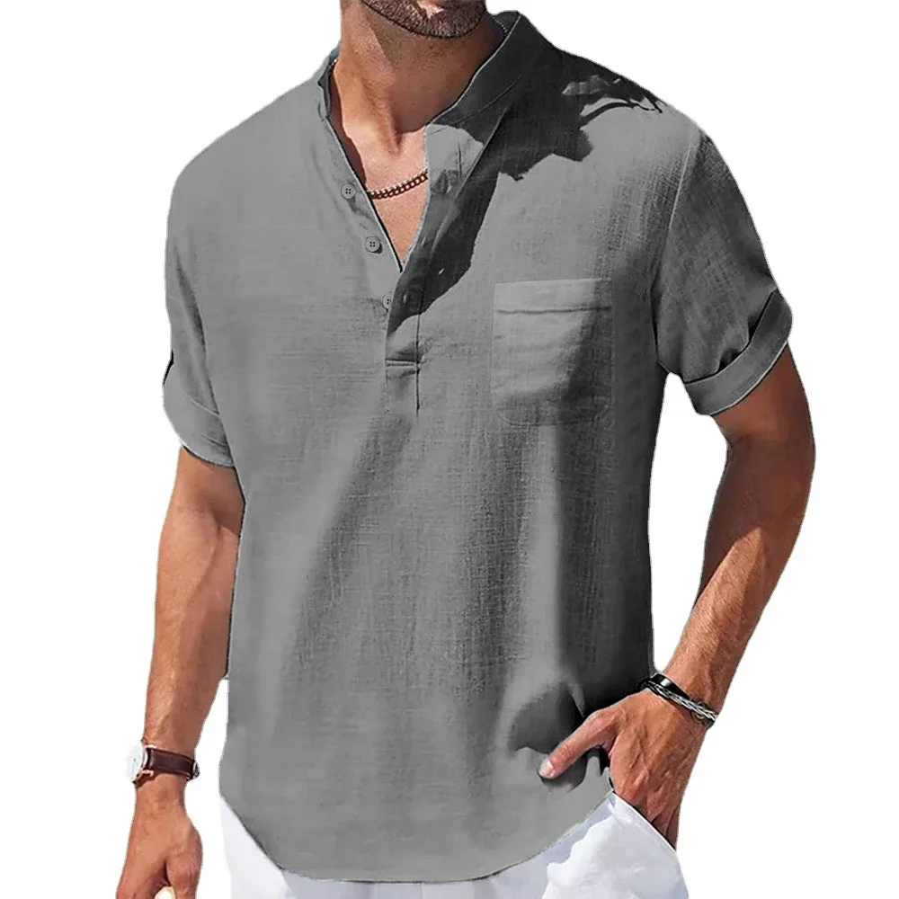 Männer Baumwolle Leinen T-shirt Henry Kragen Kurzarm Casual Tops Sommer Heißer Verkauf Leichte Mode Klassische Taste Top – Detail 2