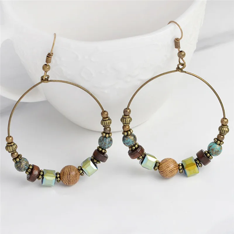 Retro Ethnic Style Round Earrings For Women Bohemian Style Creative Wooden Beads Turquoise Earrings Jewelry Gift