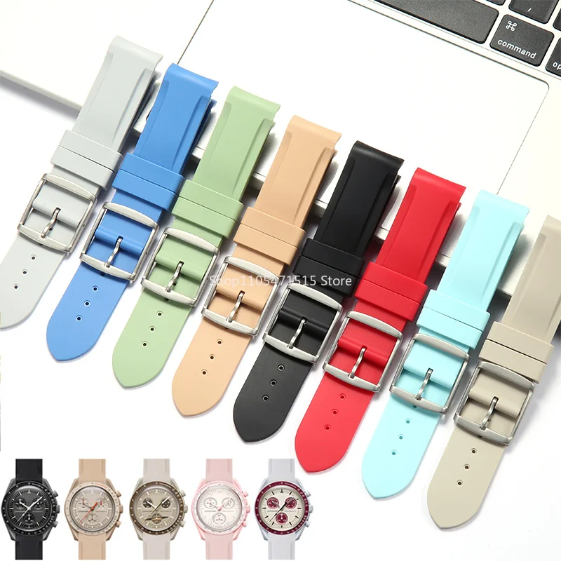Resin Strap for Omega Swatch Black Soft Rubber Band Silver/Black Buckle Sport Waterproof Durable Wristband + Tool