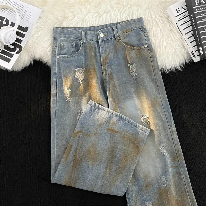 

Retro Hip Hop Casual Men's Jeans Distressed Dyeing Hole Long Pants Loose Wide Leg American Style High Street Loose Fit Jeans