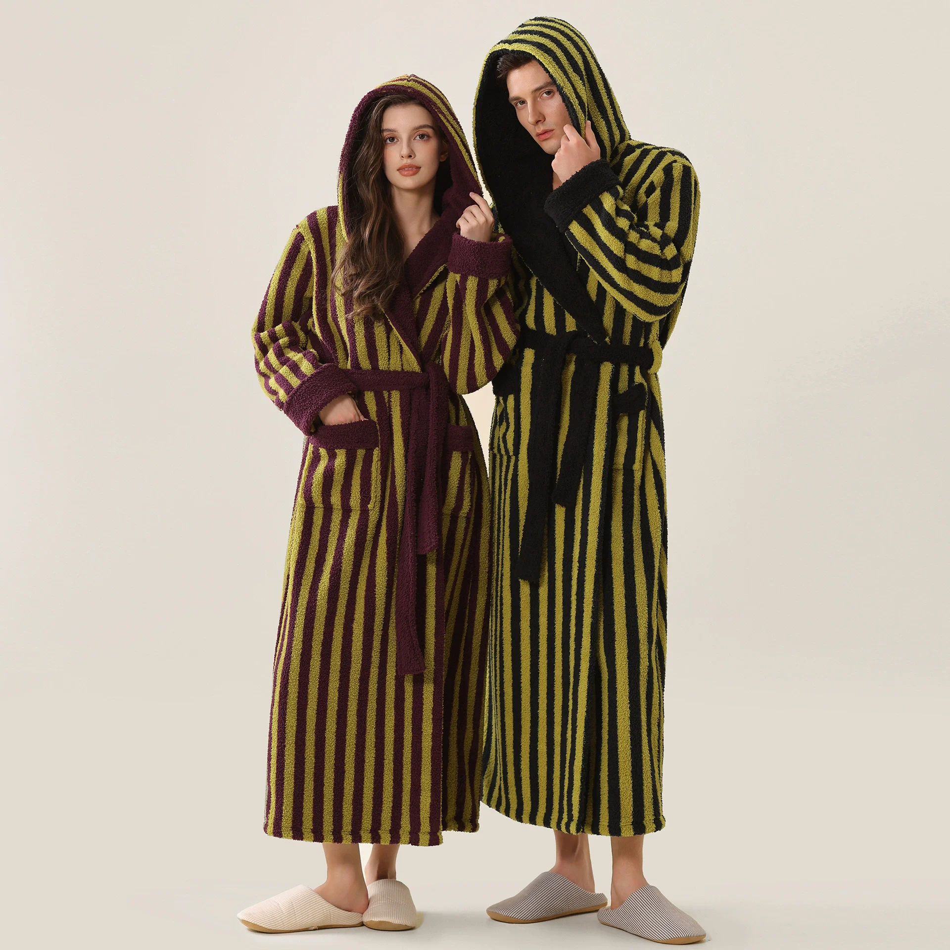 

Winter New Couple Flannel Long Robe Homewear Fashion Stripes Sleepwear Bathrobe Kimono Gown Thicken Warm Coral Fleece Loungewear
