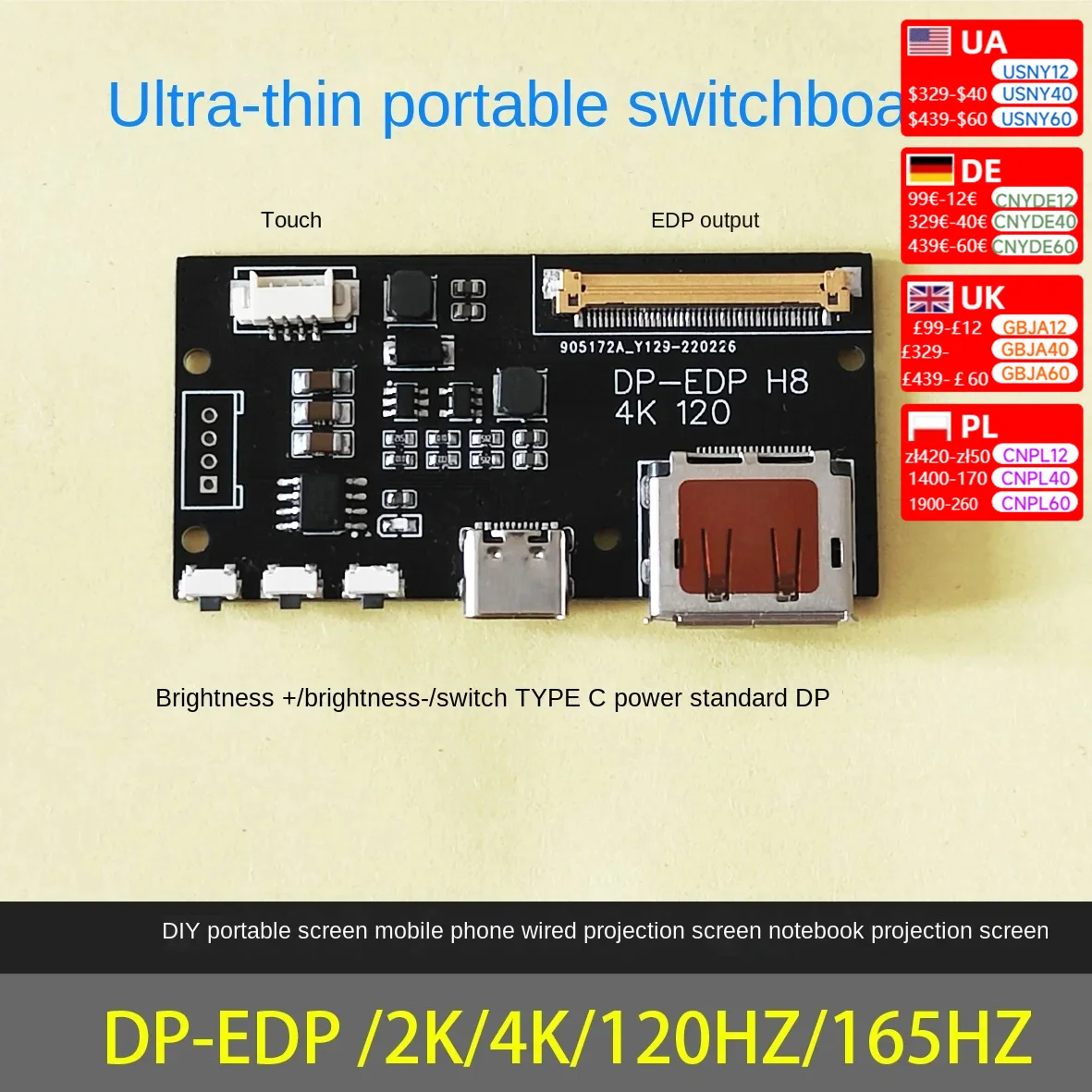 Nvarcher DP to EDP 4k 120HZ DIY4K driver board 4K 2K 1080 adapter  For Portable Display