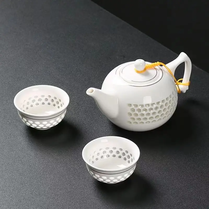 New White Porcelain Hollow Tea Set Chinese Kung Fu Home Teaware Ceremony Puer Kettle Pot 6 Tea Cups