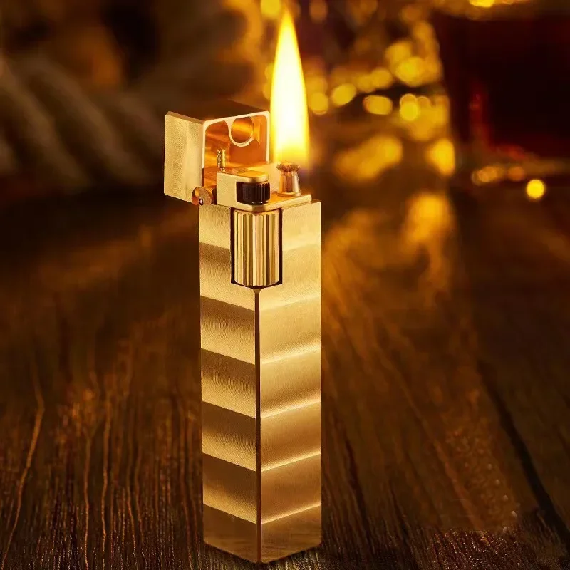 Brass Handmade come on Lighter, Square Side-slide Grinding Wheel Vintage Open Flame Lighter, High-end Collectible Gift for Men