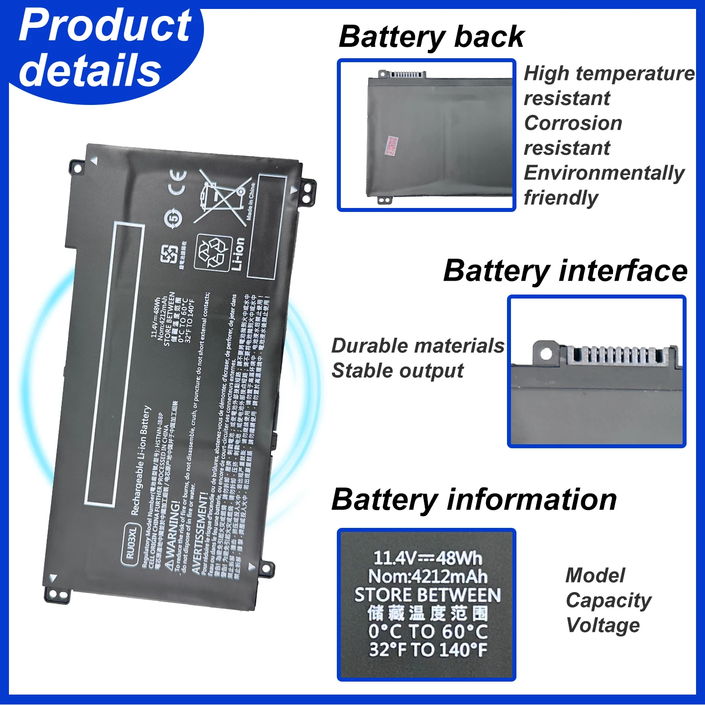 RU03XL 11.4V 48Wh Laptop Battery For Hp Probook X360 440 G1 Education Edition G6 G5 G4 G3 Series RU03048XL L12791-855 HSTNN-LB8K