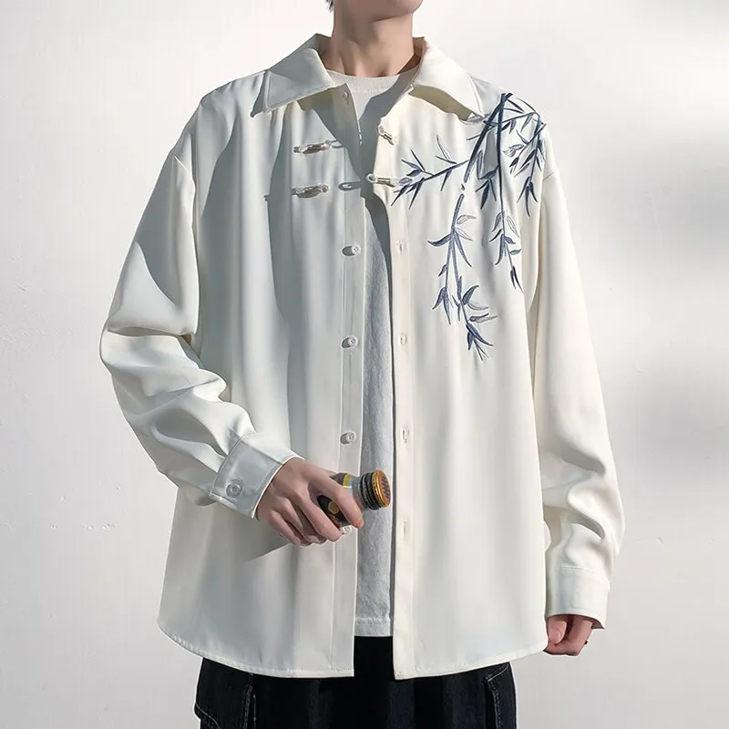 Men Loose Fit Embroidered Floral Casual Shirt Streetwear Oversized Comfortable Spring Summer Fashion Trendy Stylish Top Apparel