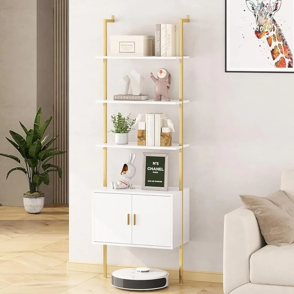 

5 Tier Tall Bookshelf with Cabinet, 73" Modern Bookcase, Wall Mounted Ladder Bookshelf with Stable Metal Frame,Open Display Rack