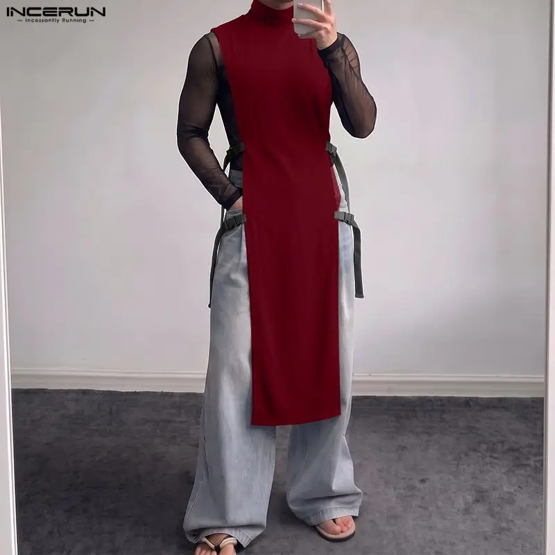 INCERUN Men's Tank Tops Patchwork Hollow Out Turtleneck Sleeveless Male Vests Streetwear Personality Casual Long Style Tops Men