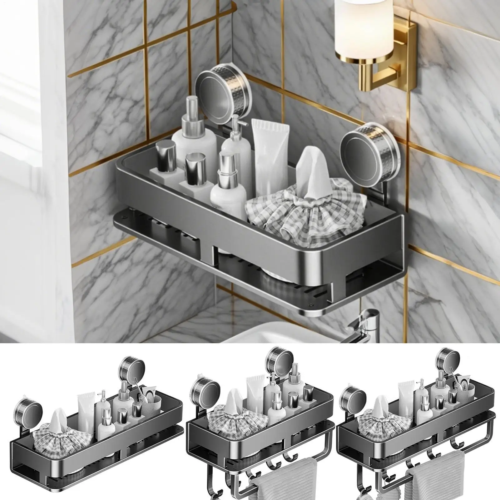 

Стеллаж для хранения на присоске для ванной комнаты без сверления, кухонный туалет, душевая комната, держатель для шампуня, настенный органайзер, полка для ванной комнаты