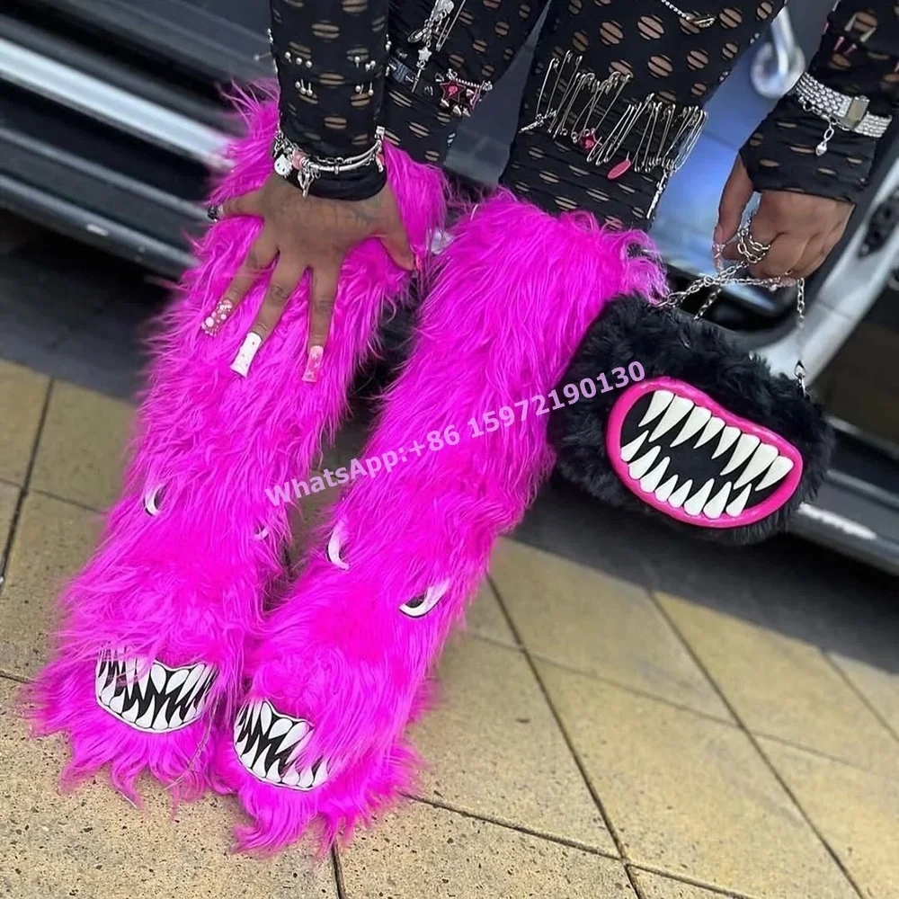 Furry Monster Knee High Boots Round Toe Platform Black Slip On Winter Warm Knee High Boots Sexy Fashion Soft Hotties Shoes 2025