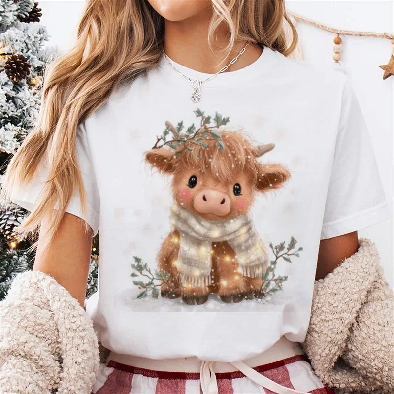 T-shirt girocollo carina con motivo a maniche corte da donna stampata T-shirt bianca con stampa di cartoni animati natalizi con mucca delle Highland
