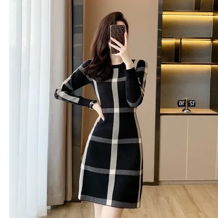 Knee Length Crochet Dresses for Women Cover Up Striped Woman Knitted Dress Midi Bodycon Xxl Full Sleeve Thic Elegant Luxury Y2k