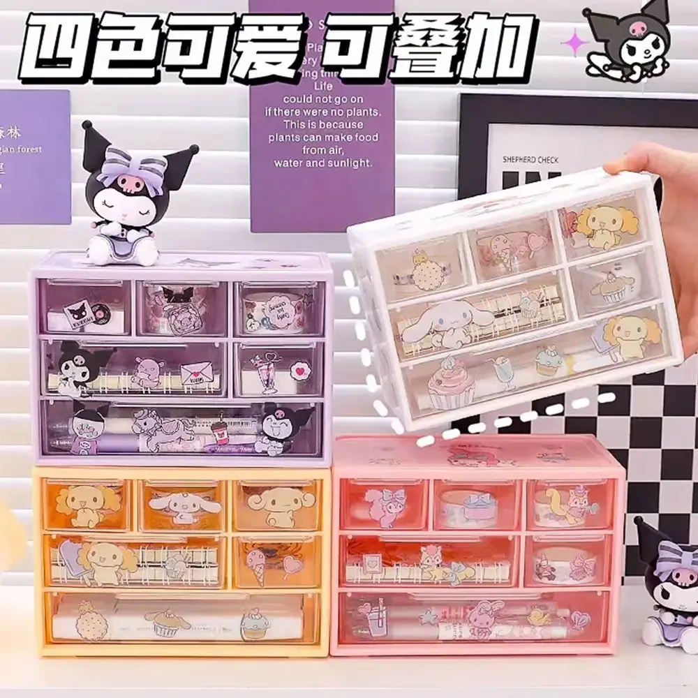 

MINISO Sanrio ящик для хранения настольный ящик прозрачный органайзер настольный держатель для ручек отправить наклейки Kuromi Melody Cinnamoroll