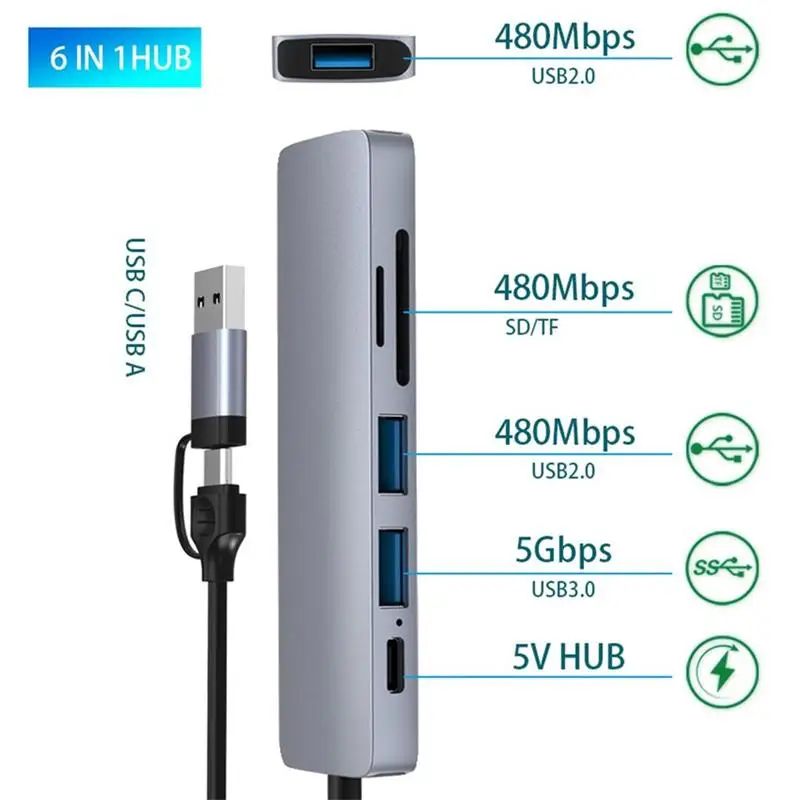 USB A/C Hub para Computadores, Telefones, Tablets, Acessório de Transferência de Dados, 6 em 1 Cabos de Leitura de Memória, Conversor