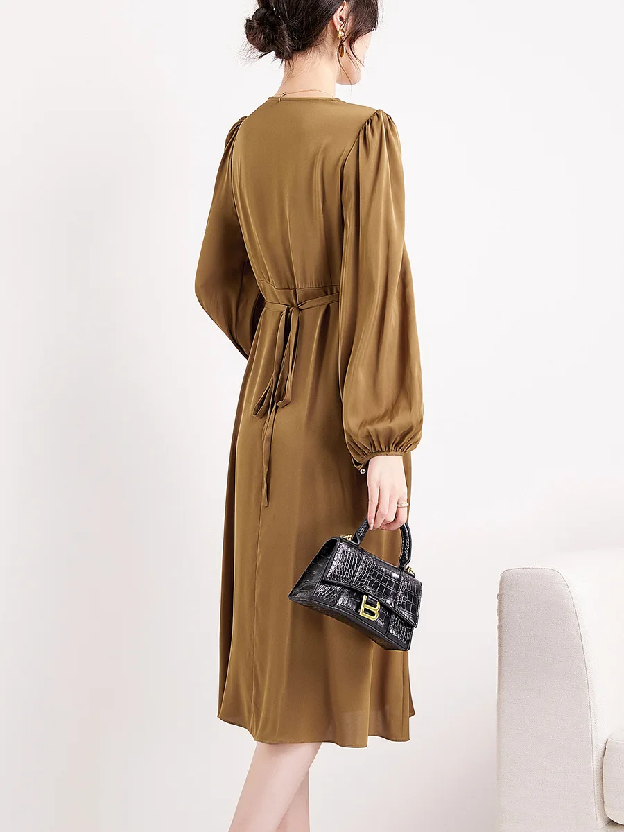 Birdtree 19MM 92.3%Mulberry Silk Elegant Dresses V-neck Long Sleeves High-end Designed Loose Dress Autumn New Skirt D30728QM