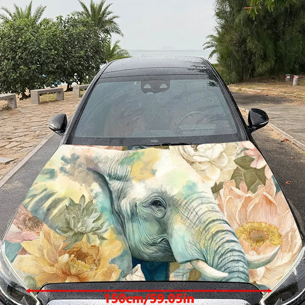 Elegant Elephant Floral Car Hood Sticker,Waterproof Self-Adhesive Vinyl Graphics Decals,Decorative Auto Accessories Stickers
