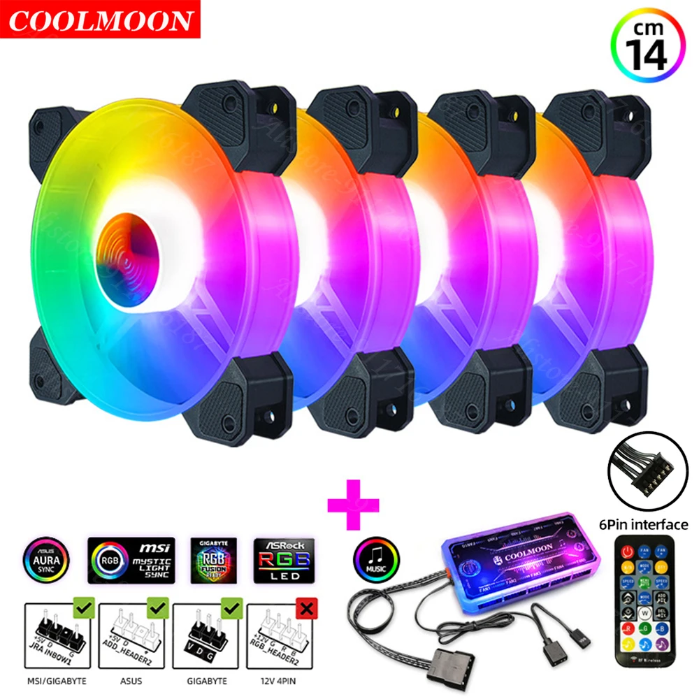 Coolmoon 6Pin Heatsink Dissipation RGB Computer Chassis Cooling Fan 140mm PC Case Accessories for Gaming Cooler Remote Control