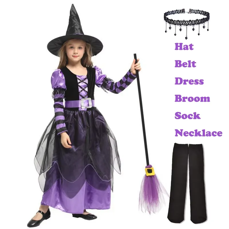Girls Witch Halloween Costume 2 Colors Long Tulle Dress Witch Hat Holiday Party Fancy Dress Cosplay Outfit