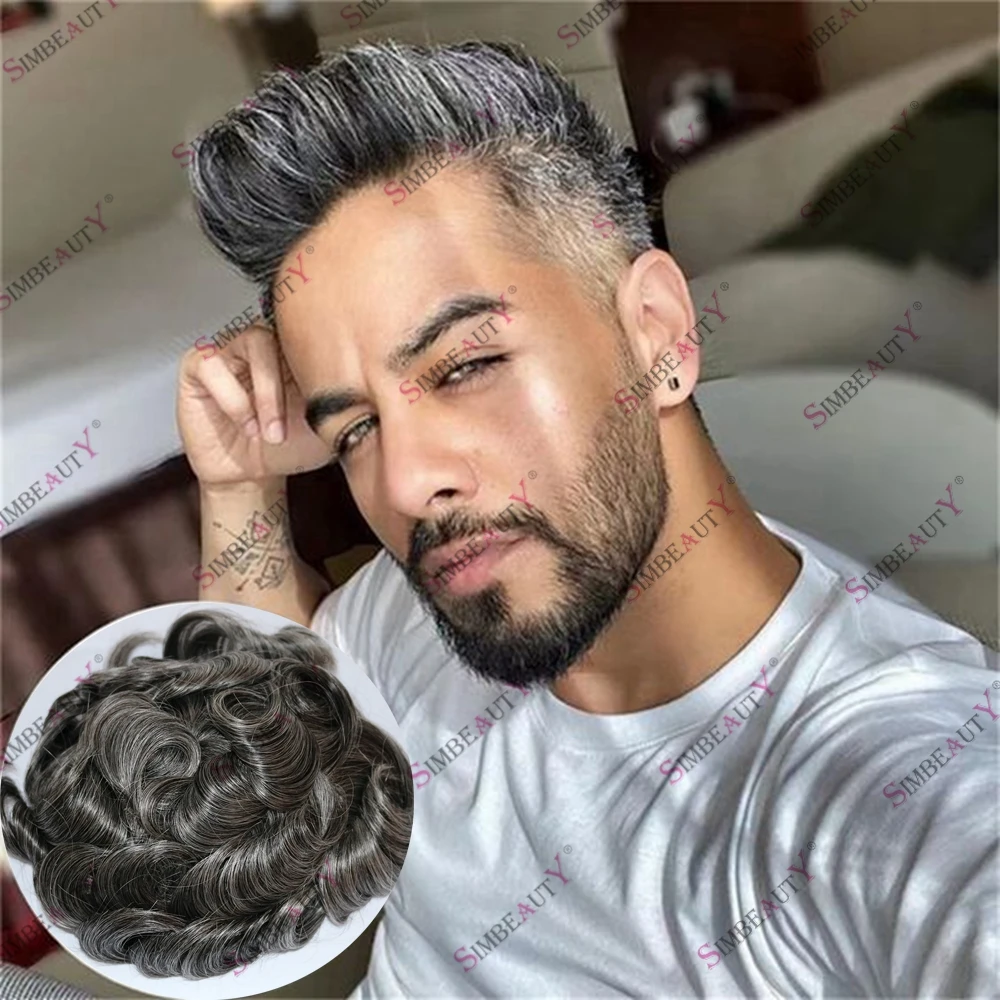 Full Poly Skin Men's Toupee Gray Mixed Black Hair 30MM Remy Hair Scalloped Pre Cut Hairline Men Wig Hair Replacement Hairloss