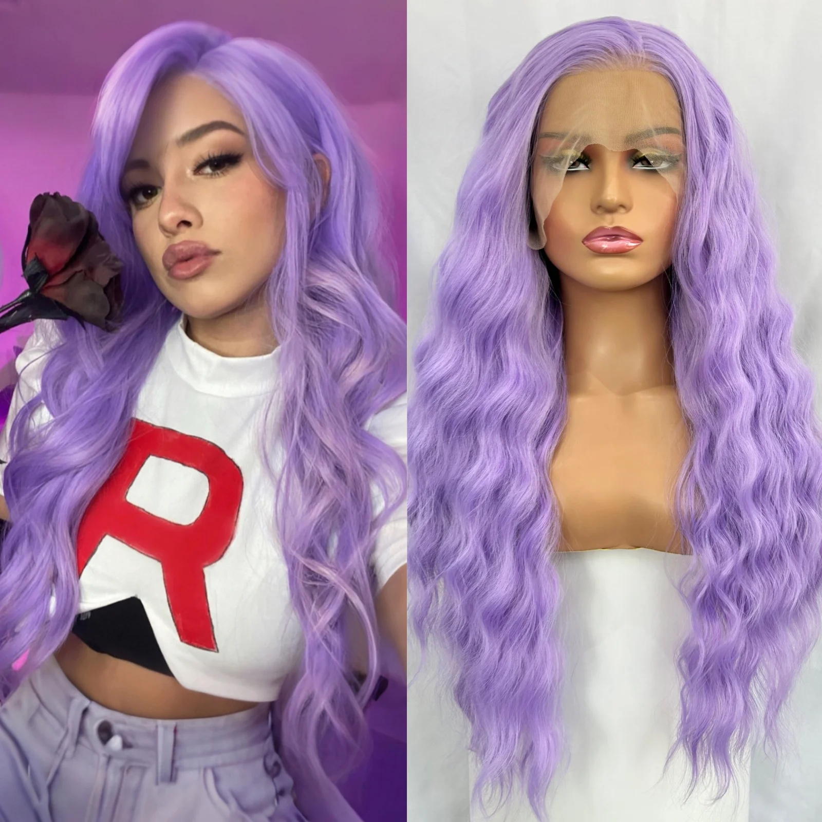 Light Purple Curly Lace Front Wigs for Women Syntheitc Hair Free Part Long Natural Wavy Lavender Colored 13X4 Frontal Party Wigs