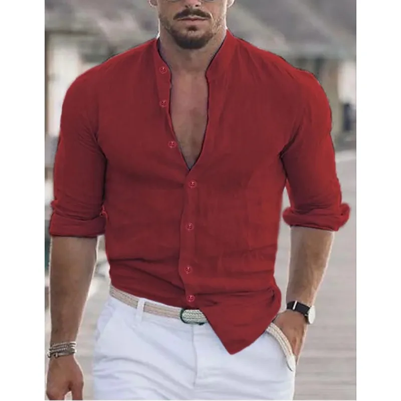 

2024 Men's Casual Cotton Linen Shirt Stand Up Collar Solid Color Long Sleeved Loose Top Spring and Autumn Handsome Fashion Shirt