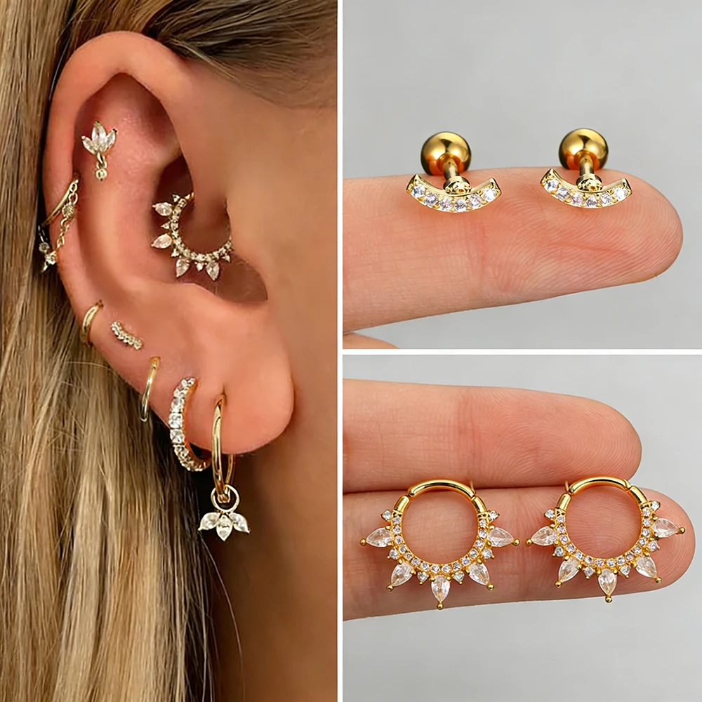 1 Stück goldfarbener Zirkon-Kronen-Ohrring für Damen, eleganter Labret-Lippenring aus Edelstahl, Ohrstecker, Knorpel-Ohrpiercing-Schmuck