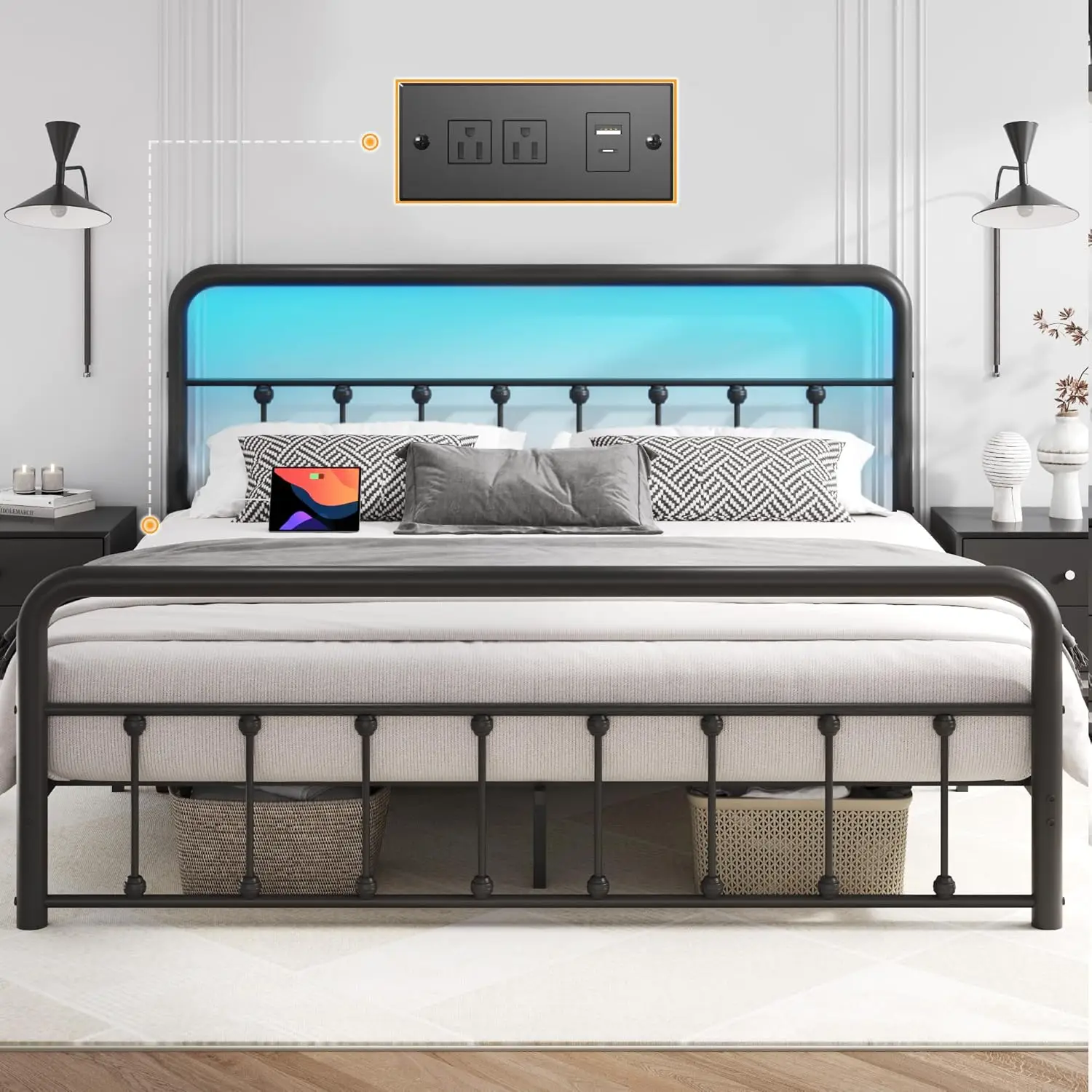 

14 Inch Queen Bed Frame Classic Metal Platform Bed Frame with Charging Station & LED, Victorian Style Iron-Art Headboard/Footboa