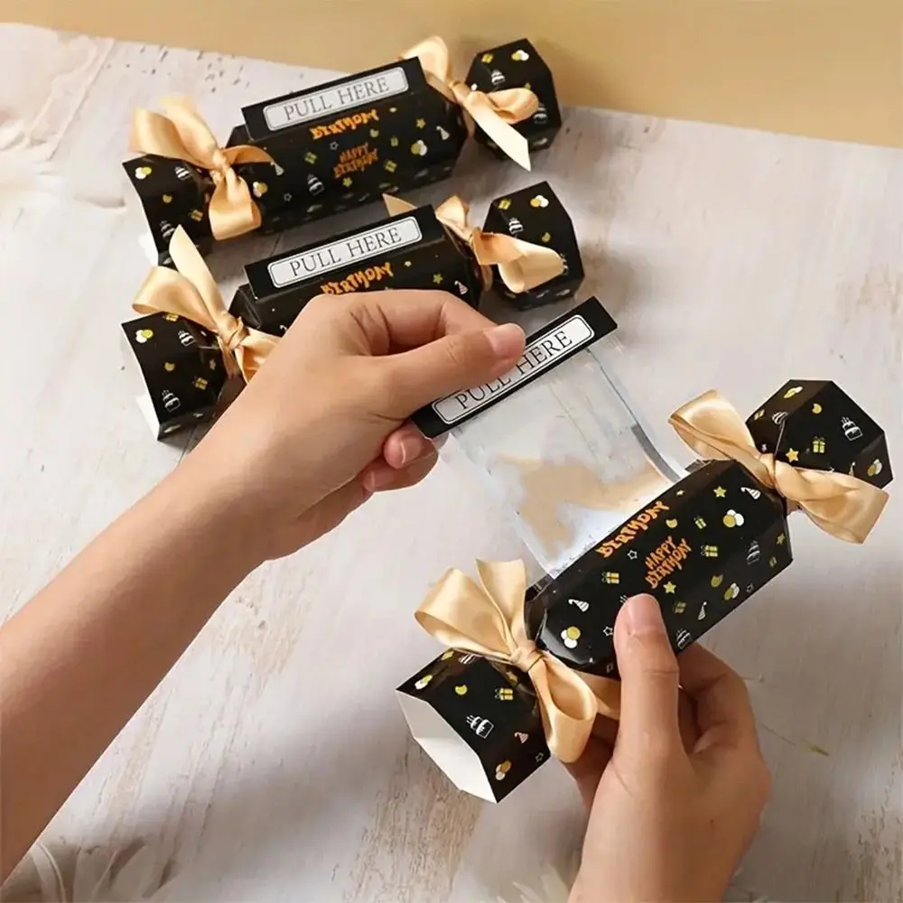 Boîte à argent en forme de bonbon pour cadeaux de fête d'anniversaire, boîte cadeau en papier noir et or amusante avec sacs, boîte à tirer l'argent pour fête d'anniversaire