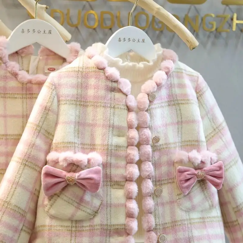 Kids Girls Princess 2pcs Clothes Set Autumn Winter Children Bow Plaid Blazer Thick Coat Outwear+Sundress Vintage Elegant Suit