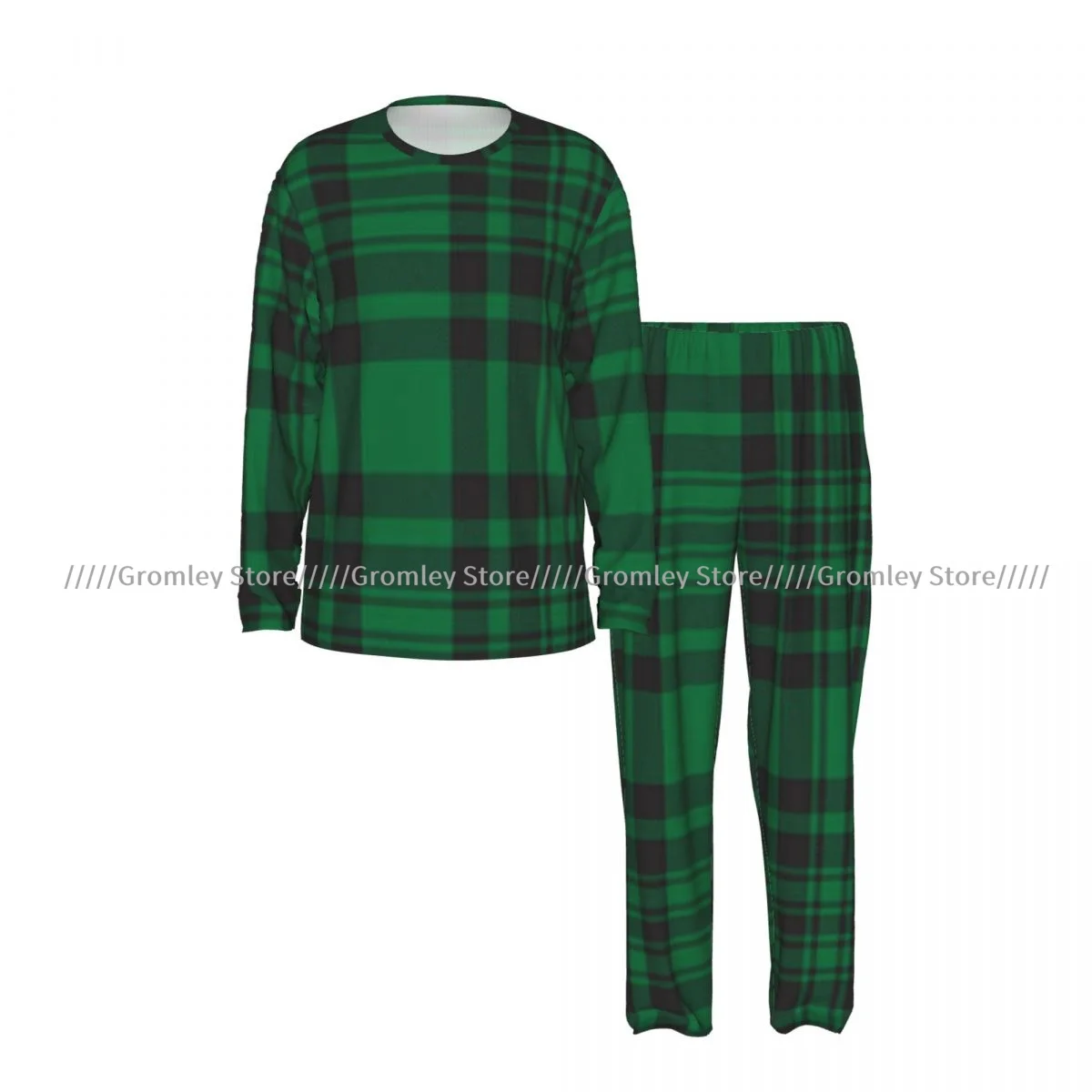 Men Pajama Set Long Sleeve Long Pants Green Glen Plaid Textured Soft Sleepwear Homewear