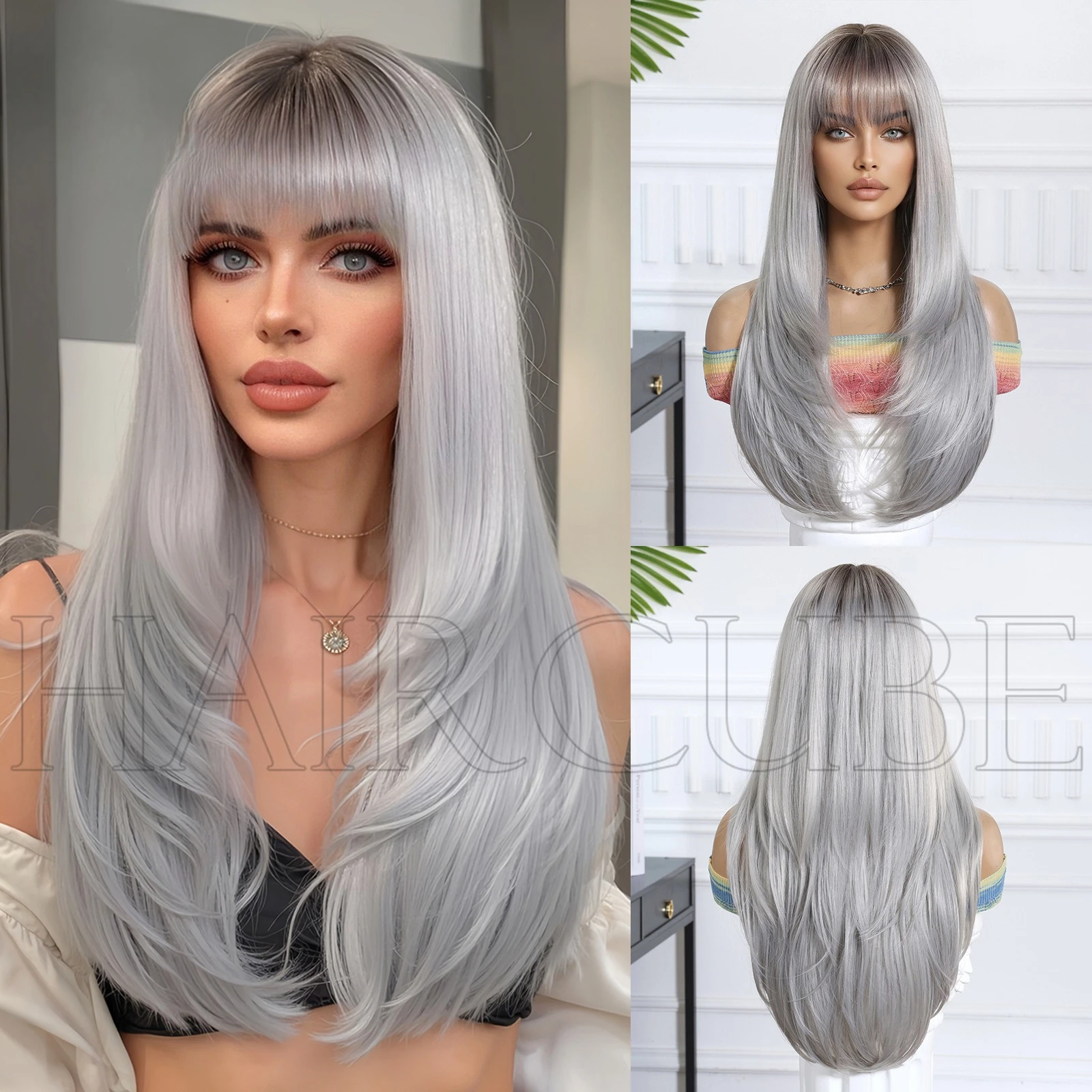

Wig Qi bangs long straight hair layered wig headgear female European and American chemical fiber gradient secondary headgear