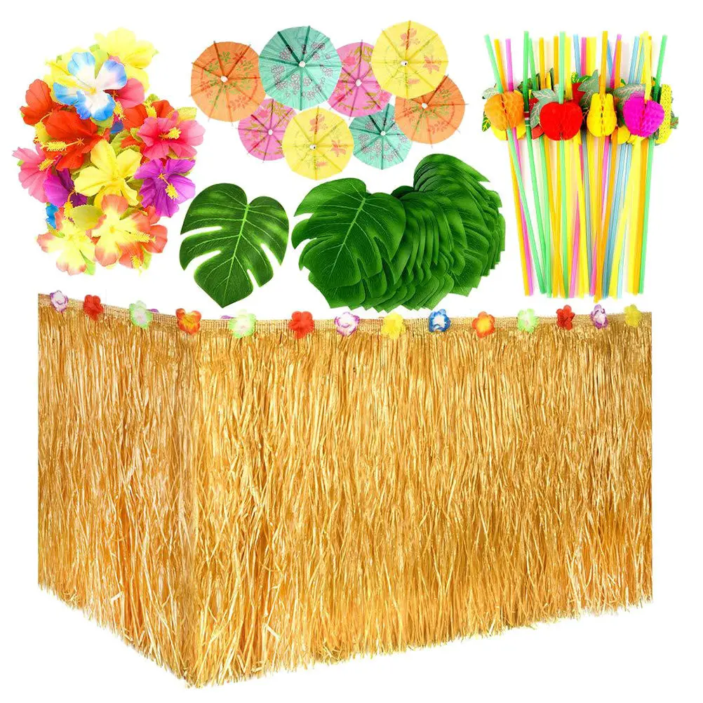 Hawaiian Table Skirt Set – Monstera & Hibiscus Flower Luau Party Decoration with Assorted Umbrellas and Straws